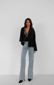 Asymmetrical Belted Leg Slit Blue Jeans