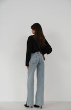 Asymmetric Waistt Hem Slit Blue Jeans