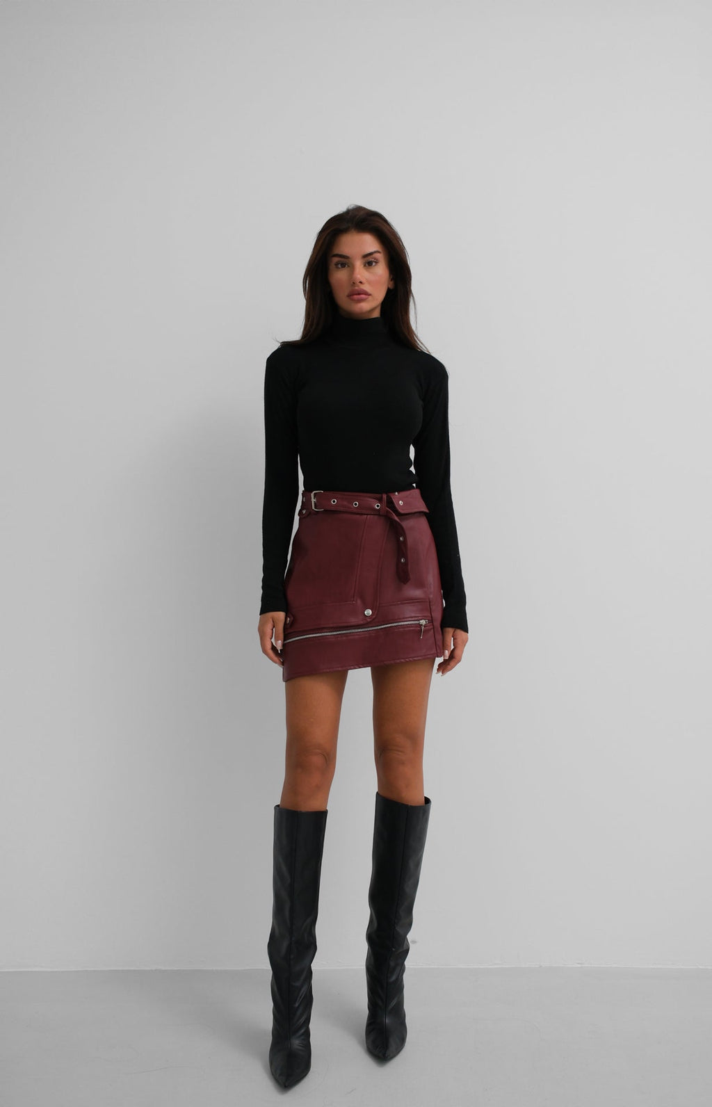 Asymmetric Belted Burgundy Leather Skirt