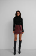Asymmetric Belted Burgundy Leather Skirt
