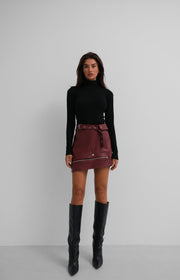 Asymmetrical Belted Burgundy Leather Skirt