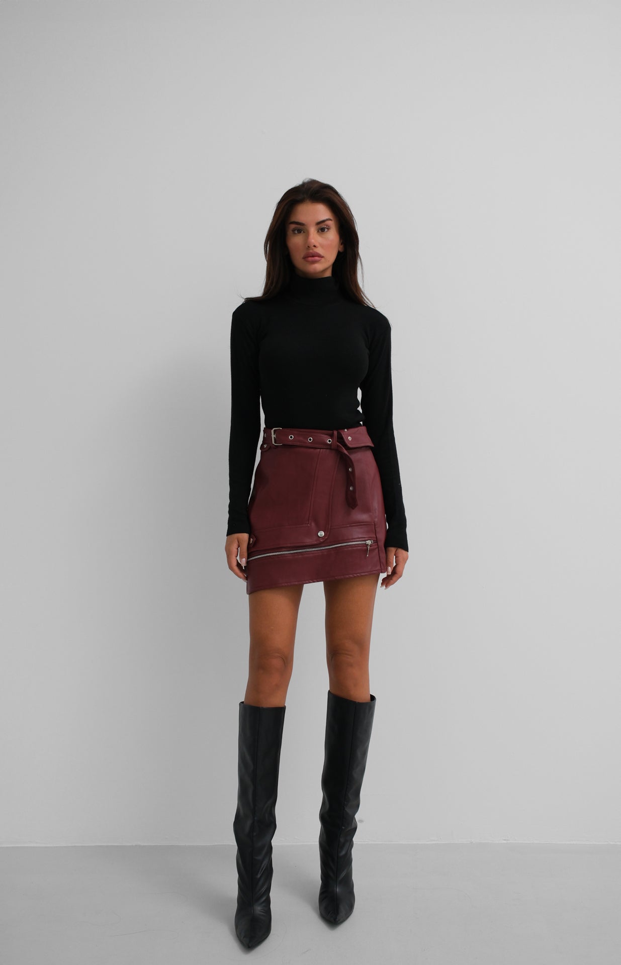 Asymmetric Belted Burgundy Leather Skirt
