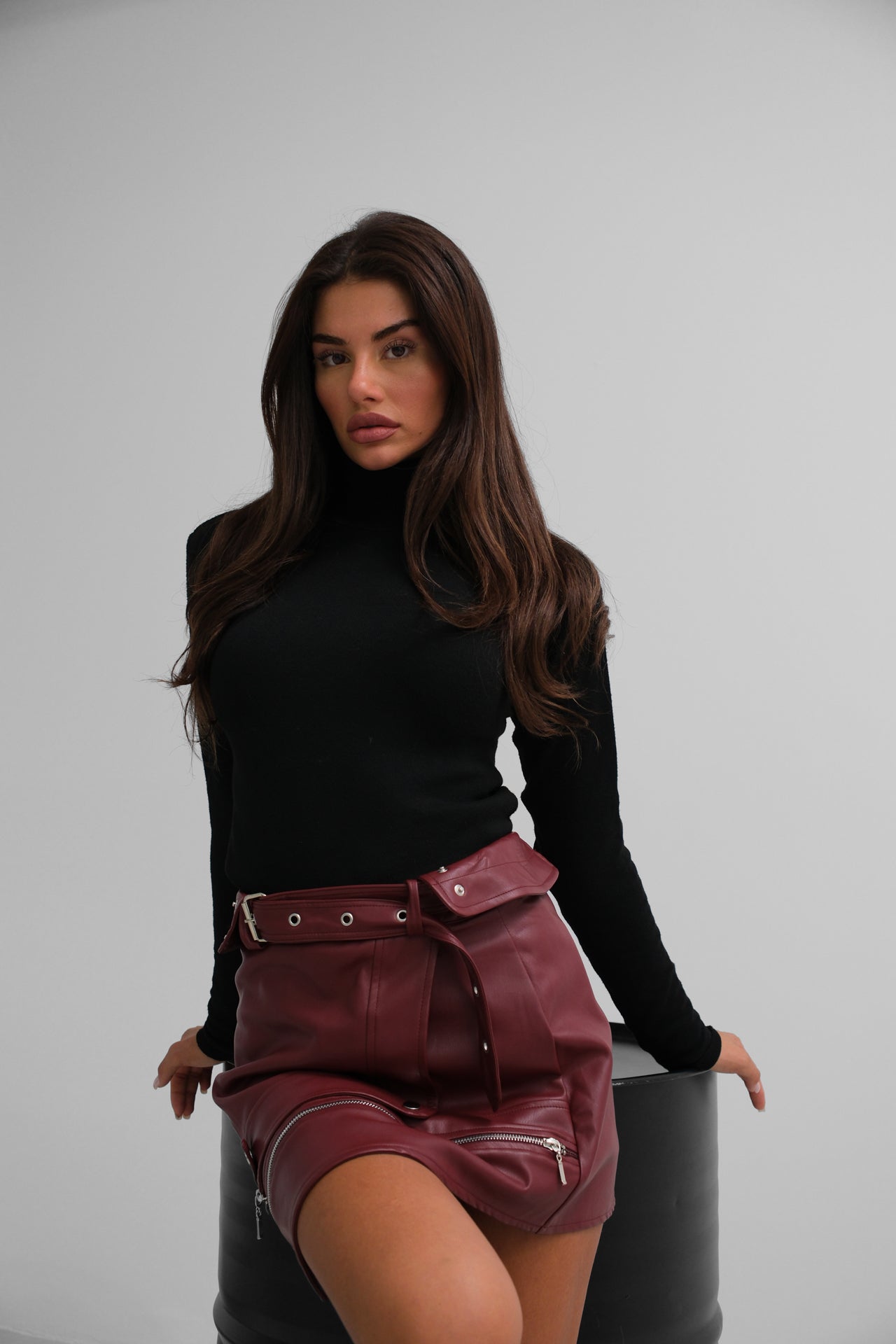 Asymmetric Belted Burgundy Leather Skirt
