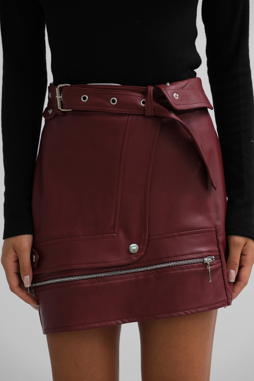 Asymmetric Belted Burgundy Leather Skirt
