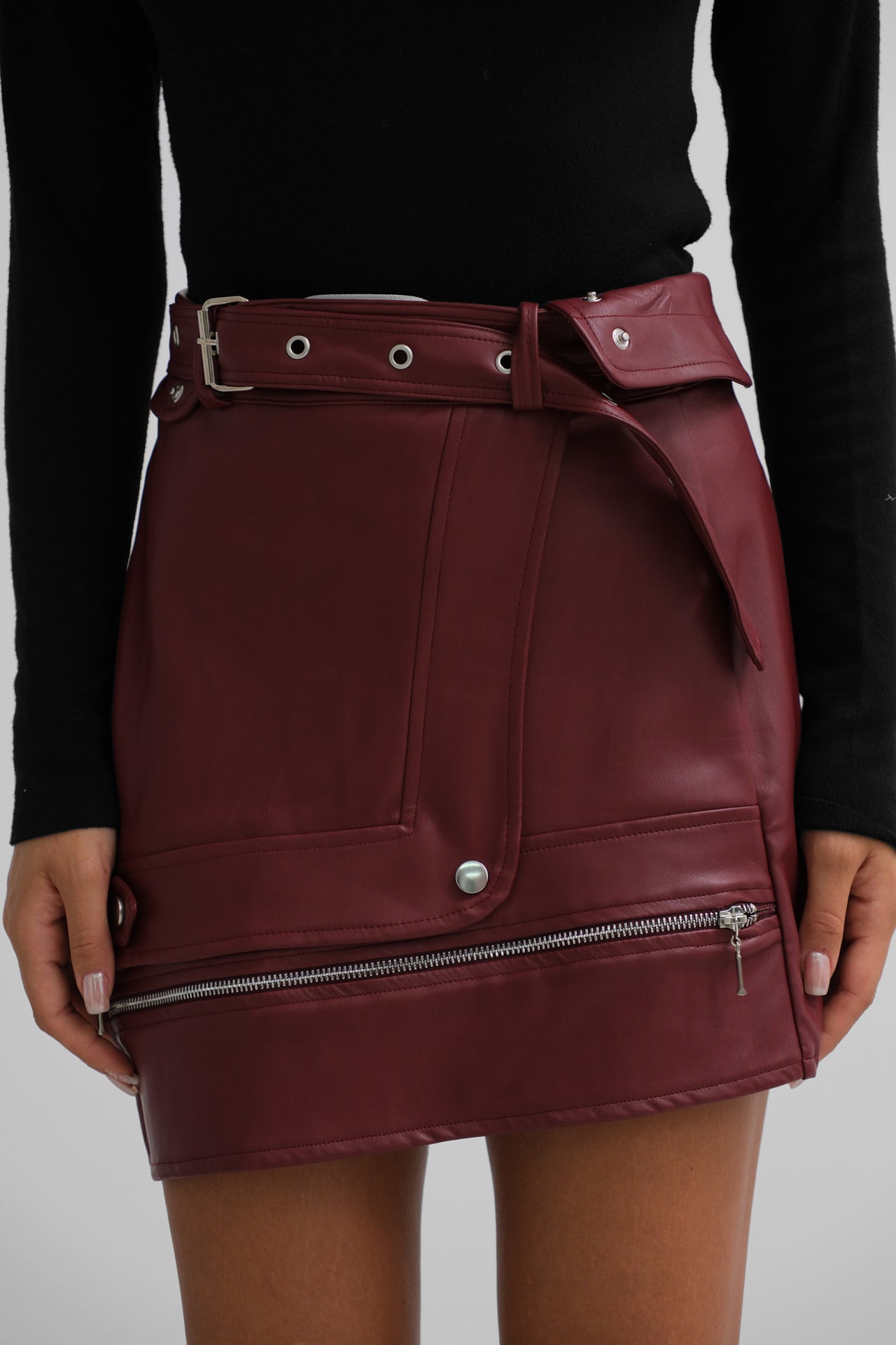 Asymmetric Belted Burgundy Leather Skirt