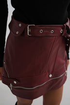 Asymmetric Belted Burgundy Leather Skirt