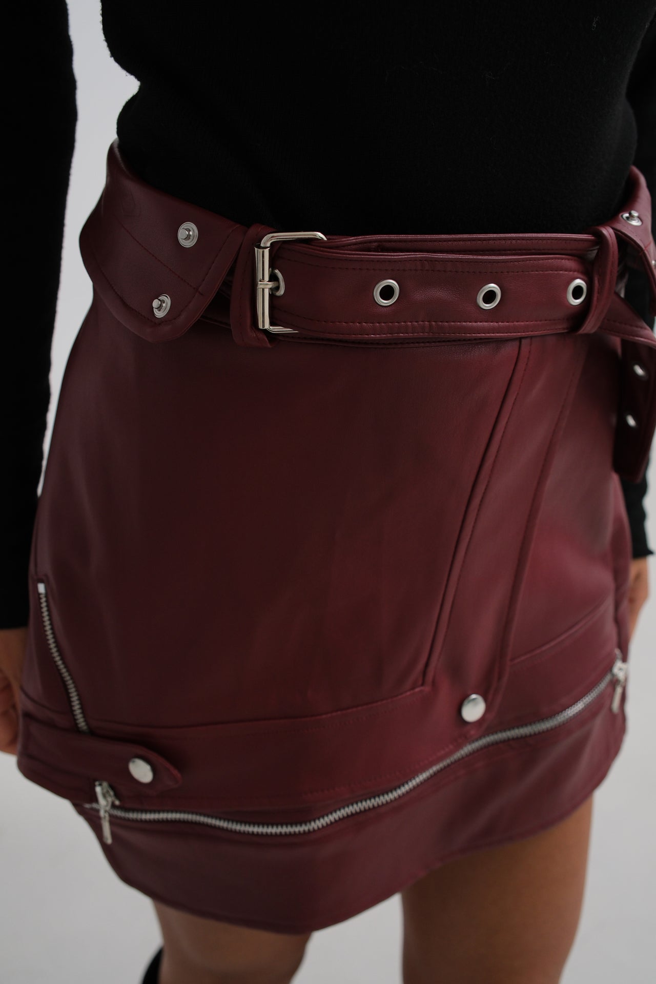 Asymmetric Belted Burgundy Leather Skirt