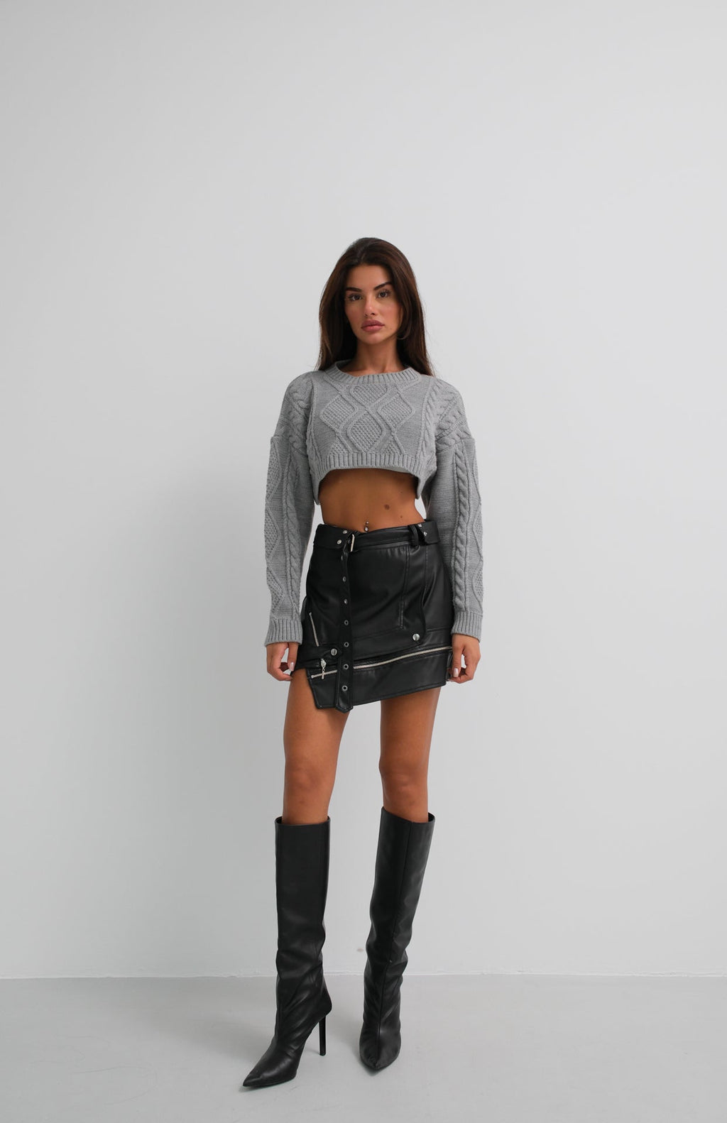 Asymmetric Belted Black Leather Skirt
