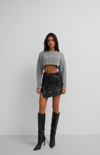 Asymmetric Belted Black Leather Skirt