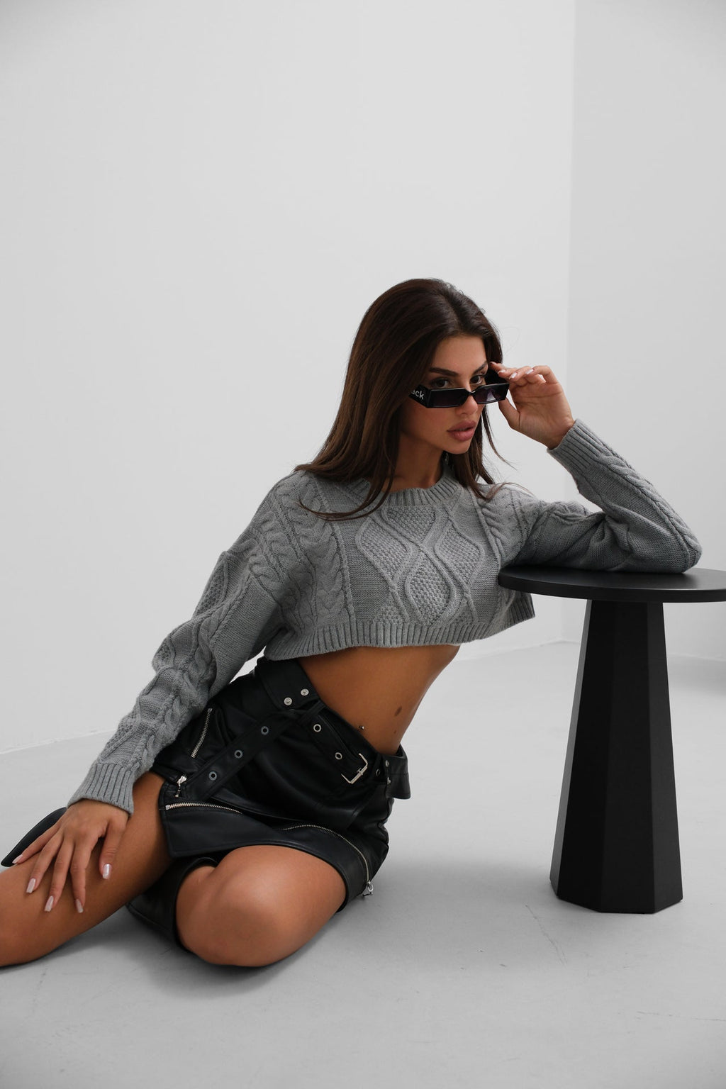 Asymmetric Belted Black Leather Skirt