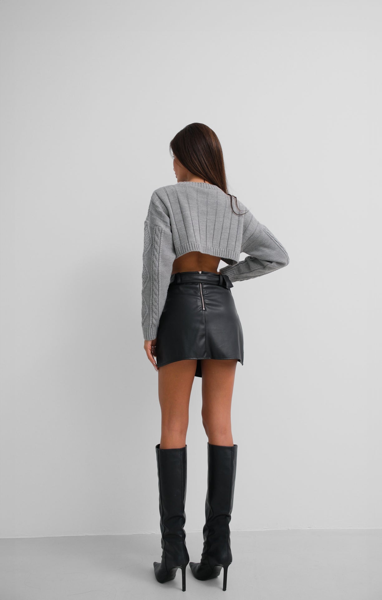Asymmetric Belted Black Leather Skirt