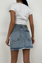 Asymmetric Cut Light Blue Denim Skirt