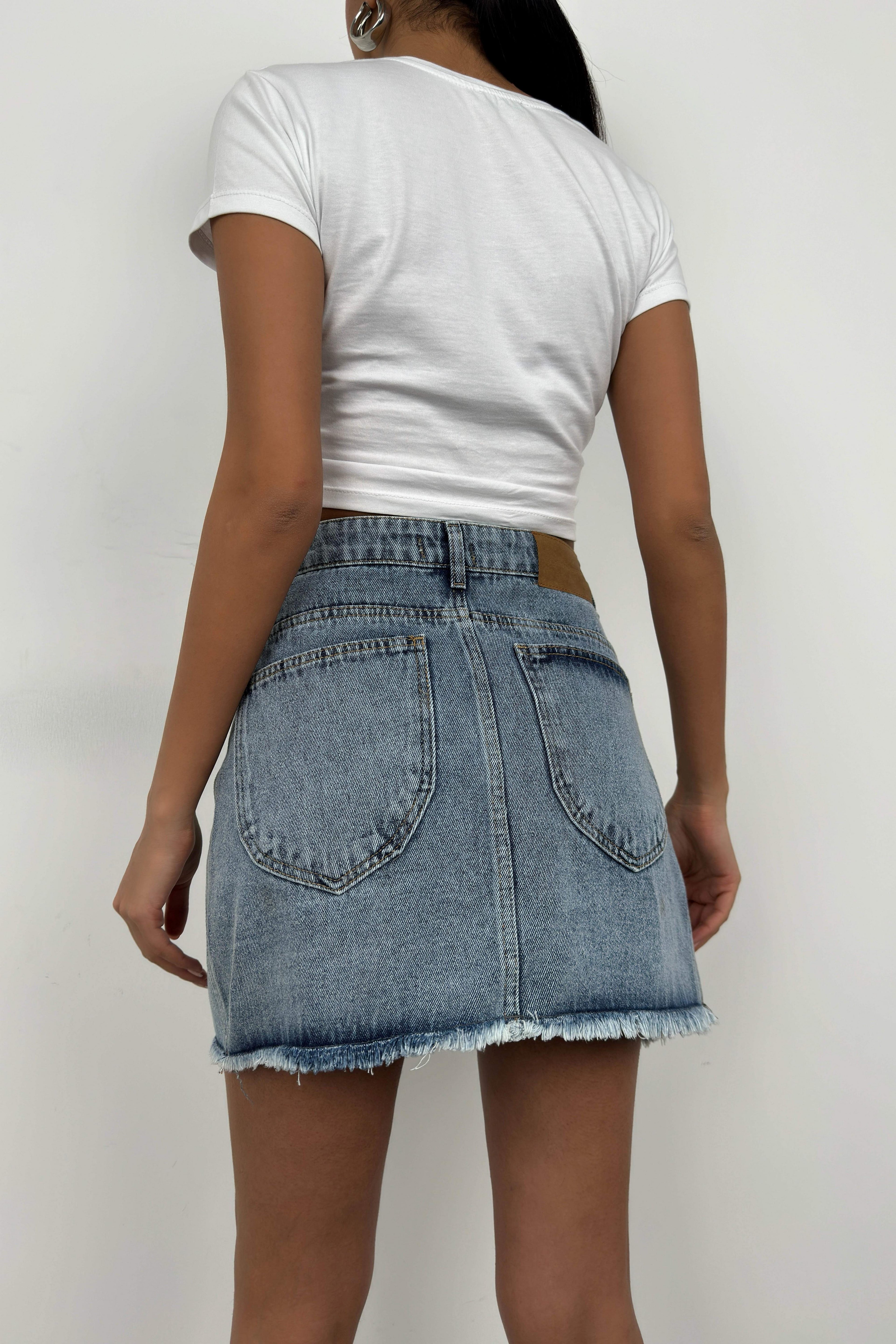 Asymmetric Cut Light Blue Denim Skirt