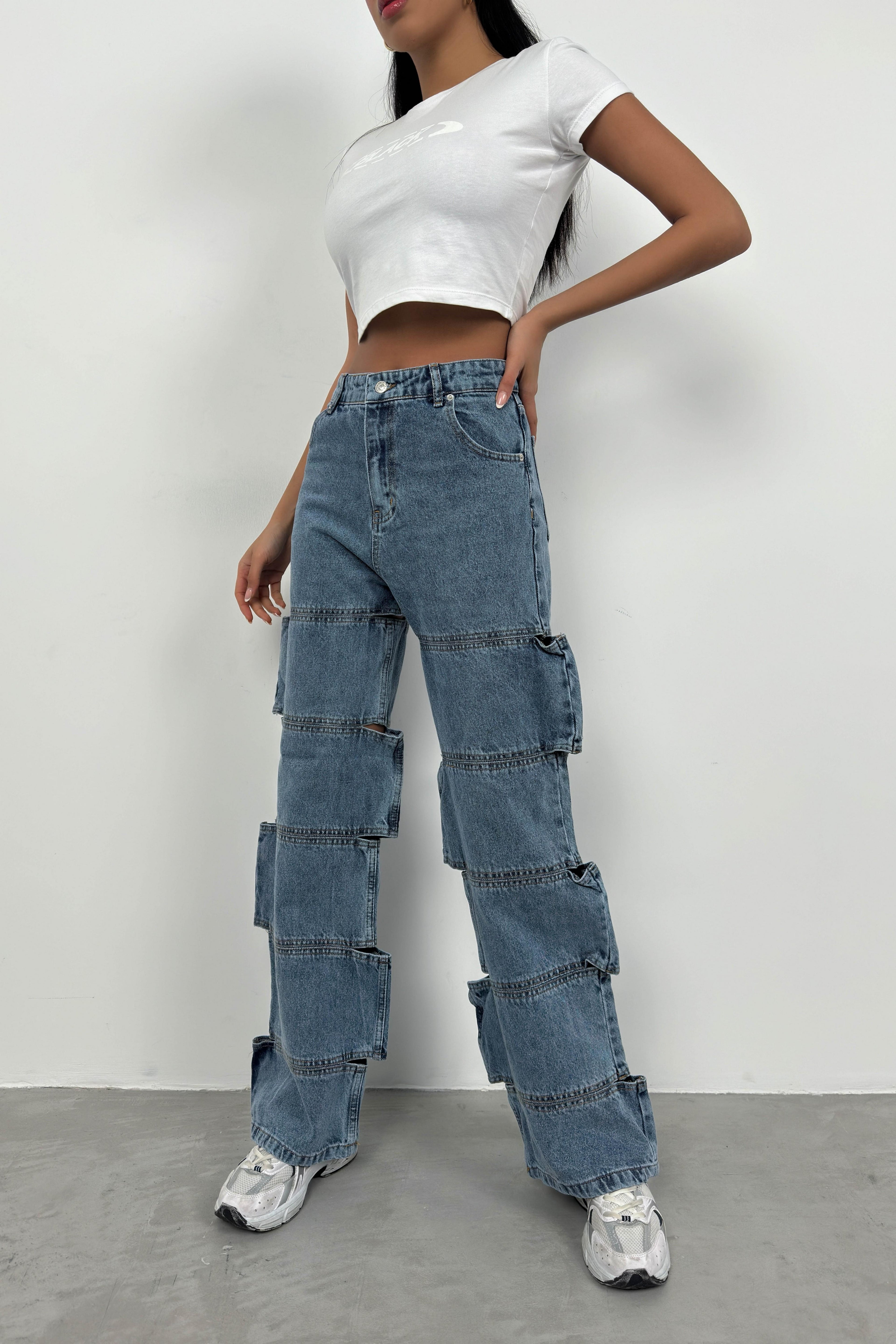 Asimetrik Cutout Detail Dark Blue Jeans