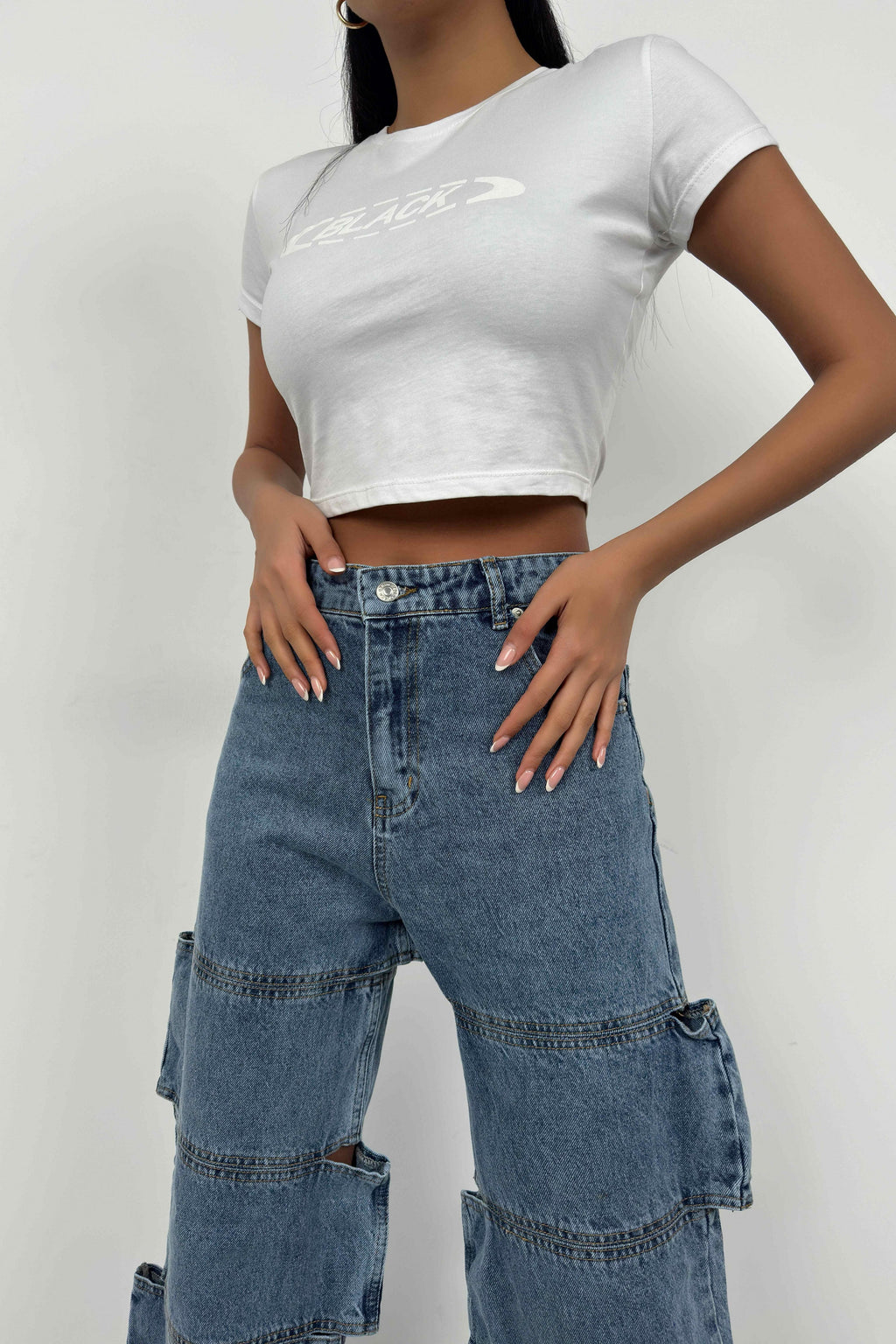 Asimetrik Cutout Detail Dark Blue Jeans
