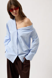 Asymmetric Shawl Collar Light Blue Shirt