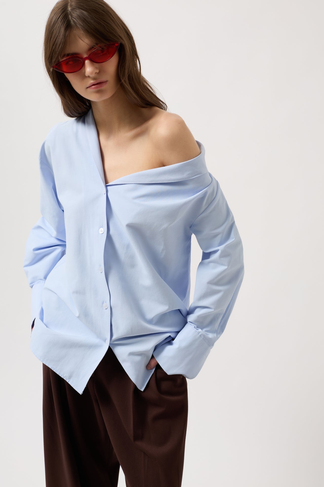 Asimetrik Shawl Collar Light Blue Shirt