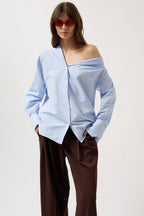 Asimetrik Shawl Collar Light Blue Shirt