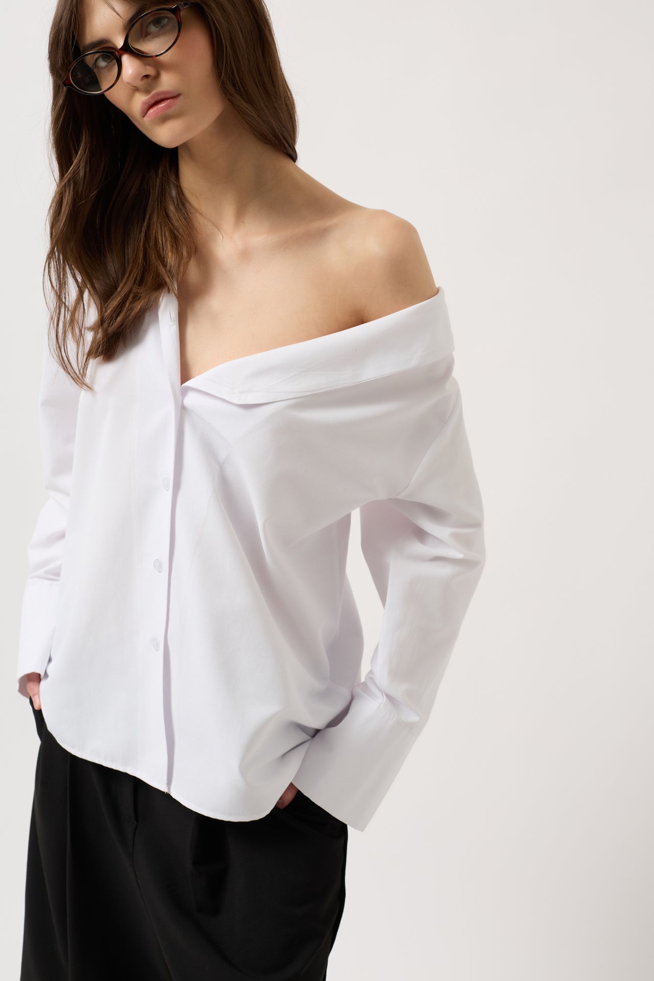 Asimetrik Shawl Collar White Shirt