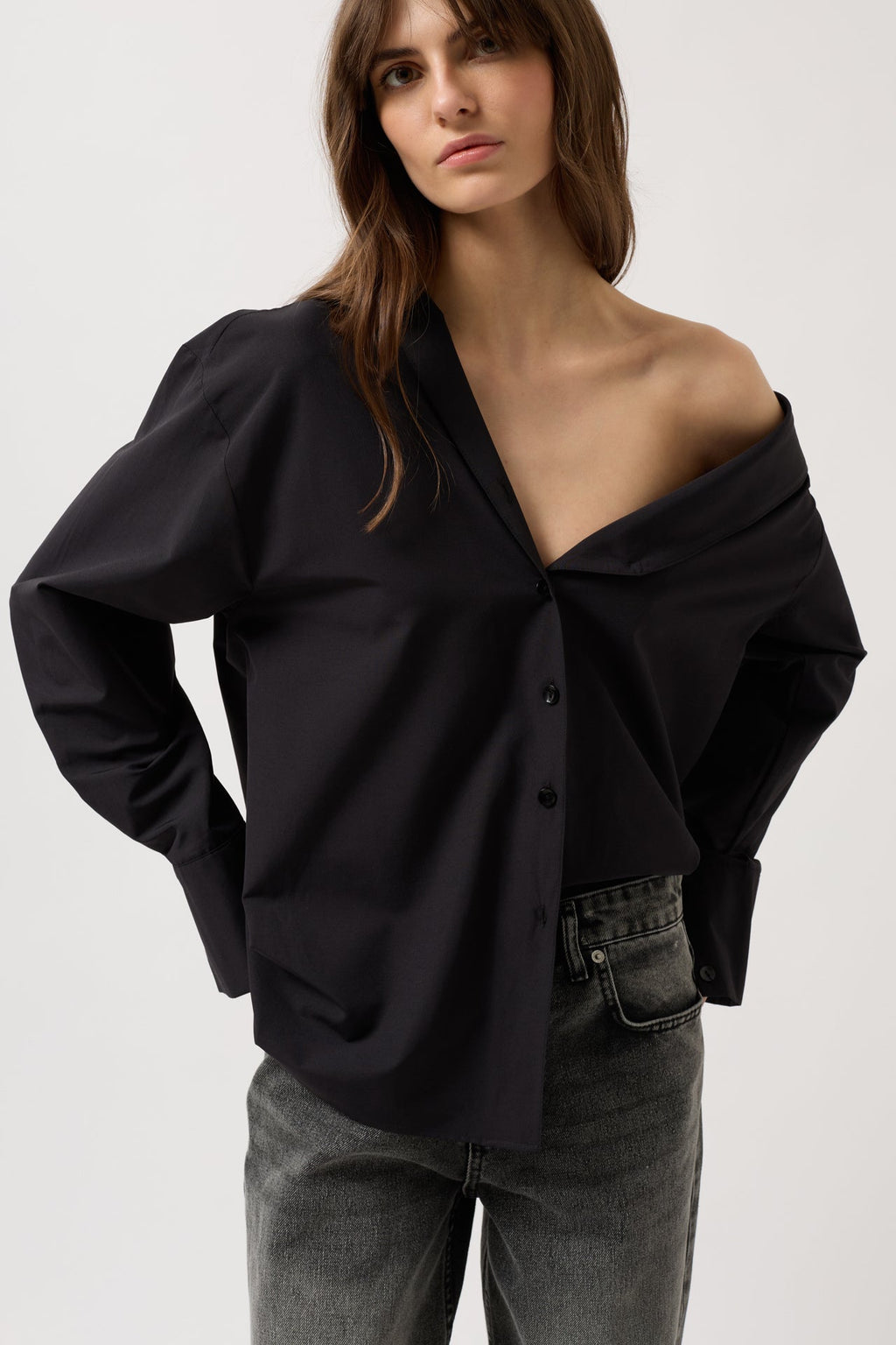 Asymmetric Shawl Collar Black Shirt