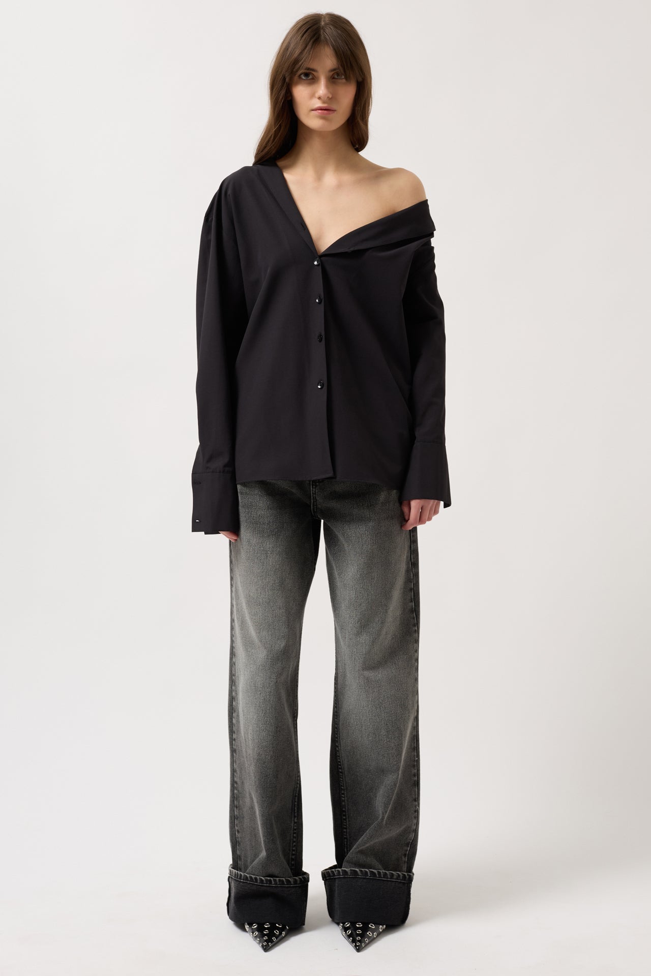 Asymmetric Shawl Collar Black Shirt