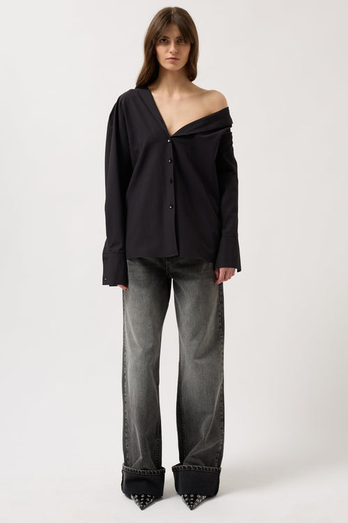 Asymmetric Shawl Collar Black Shirt