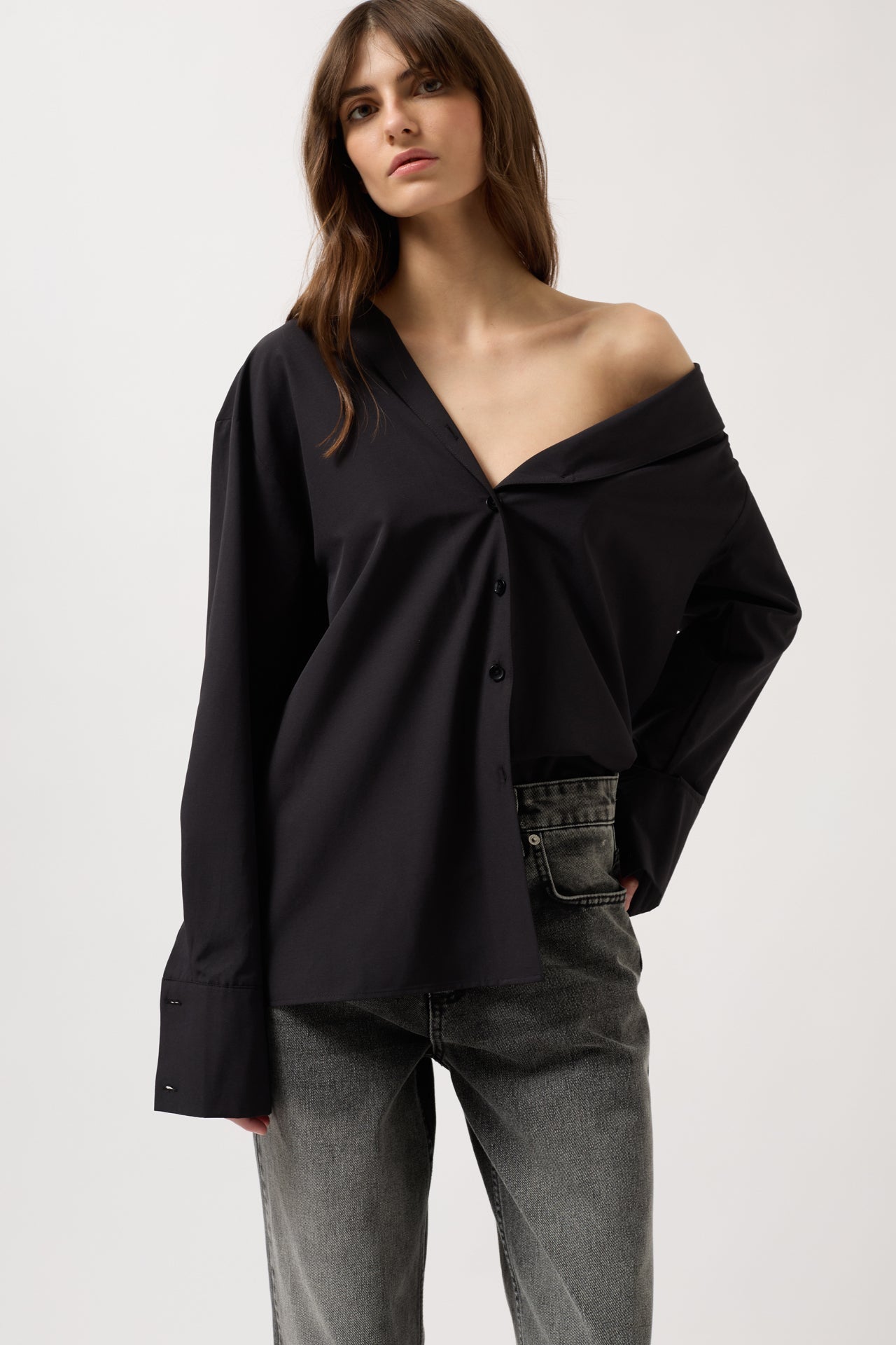 Asymmetric Shawl Collar Black Shirt