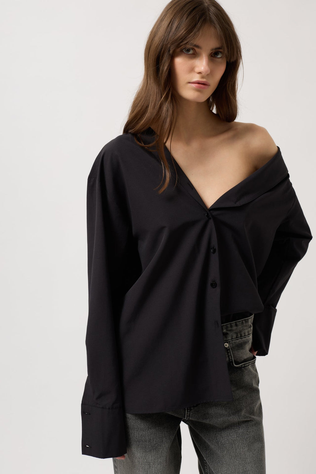 Asymmetric Shawl Collar Black Shirt