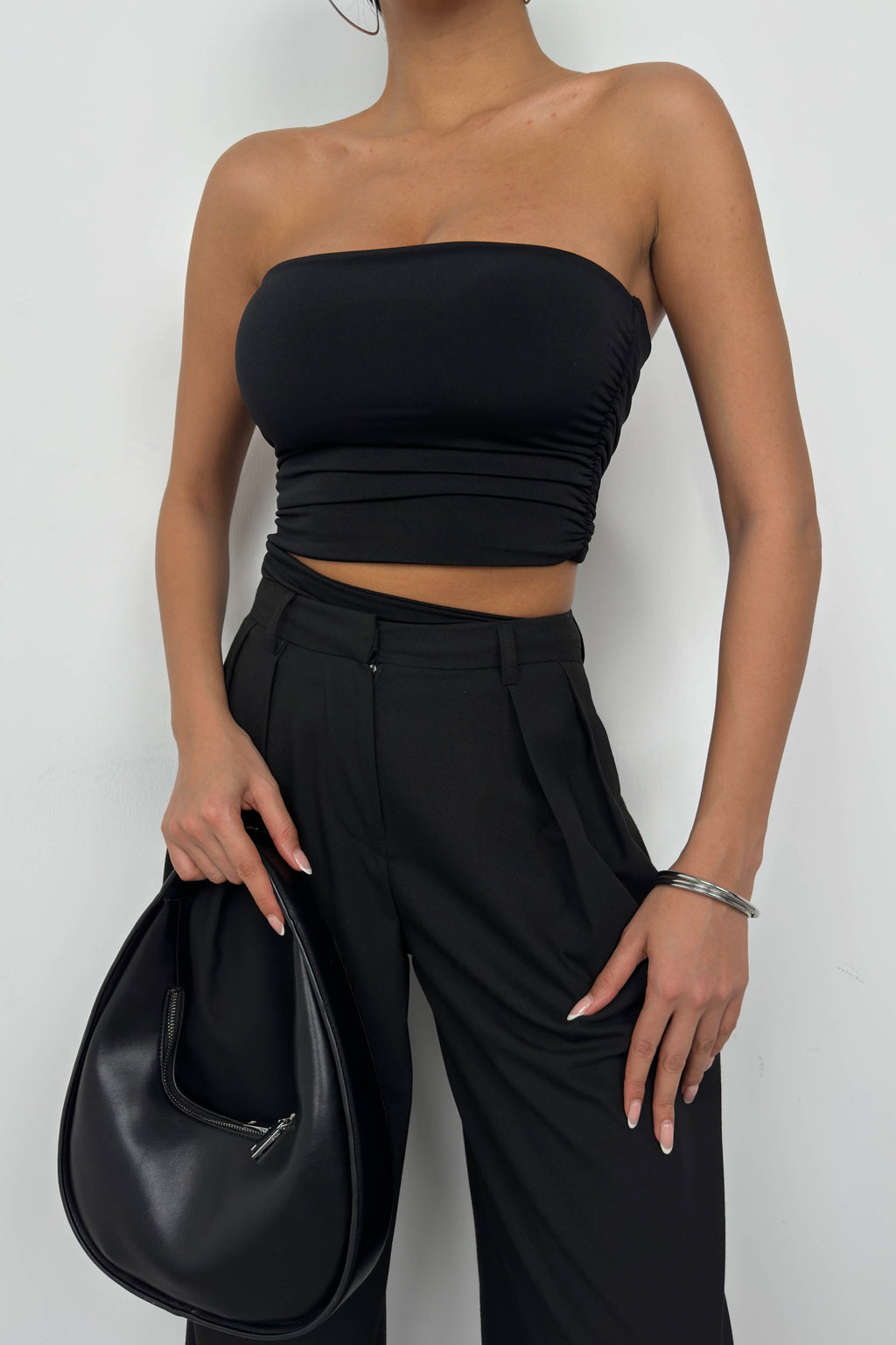 Asymmetric Strapless Black Crop