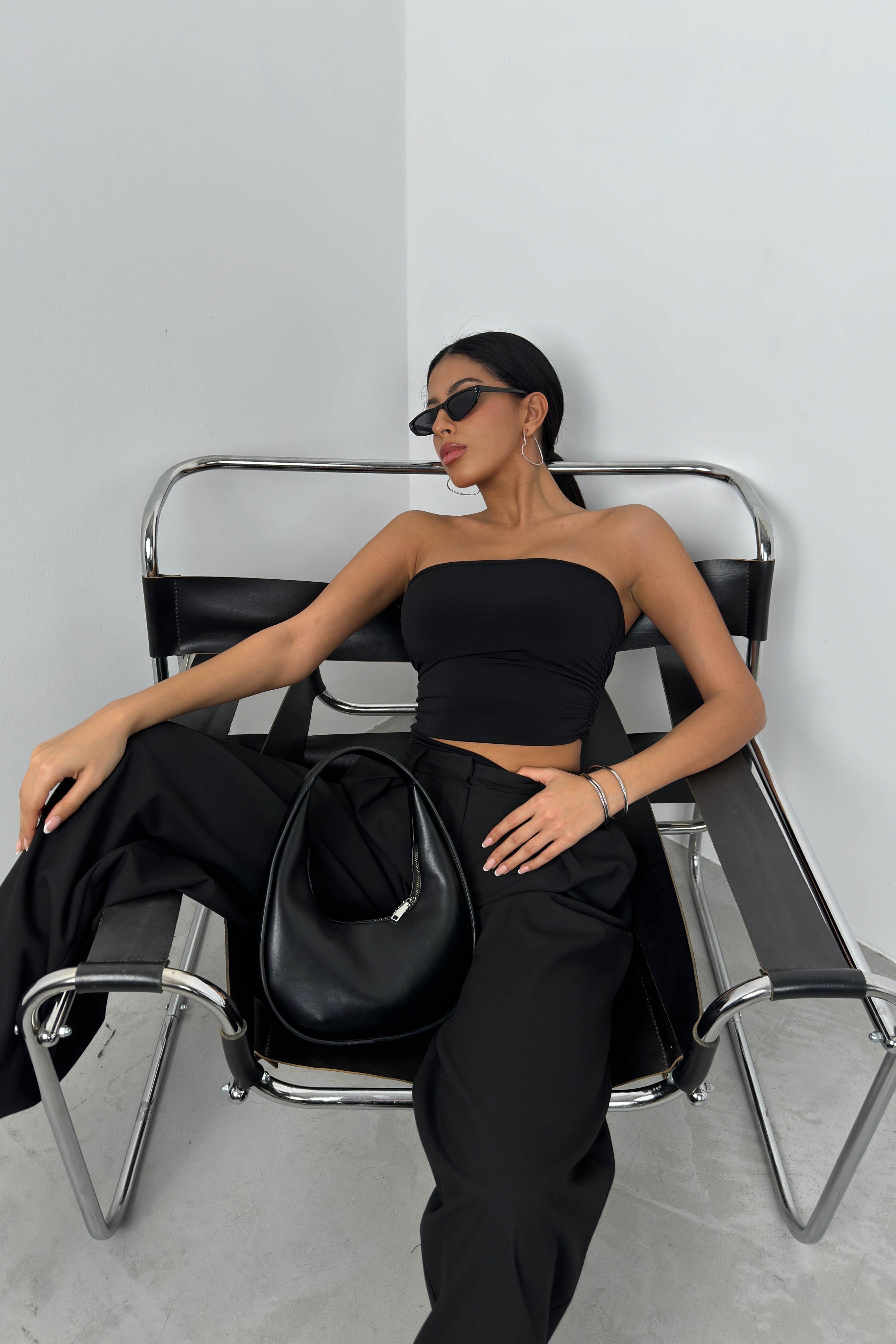 Asymmetric Strapless Black Crop