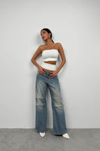Asymmetric Strapless Ecru Crop Top