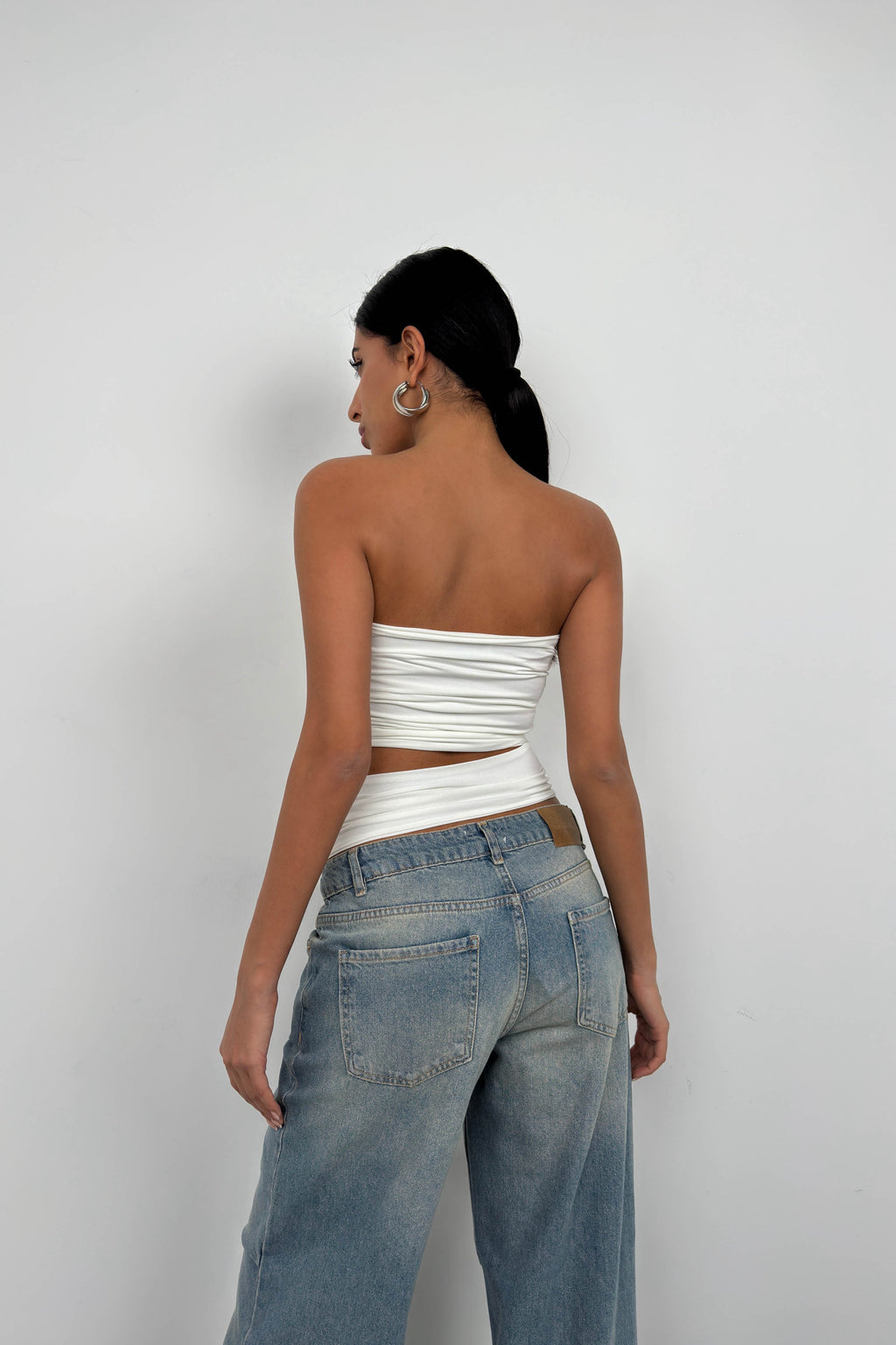 Asymmetric Strapless Ecru Crop Top
