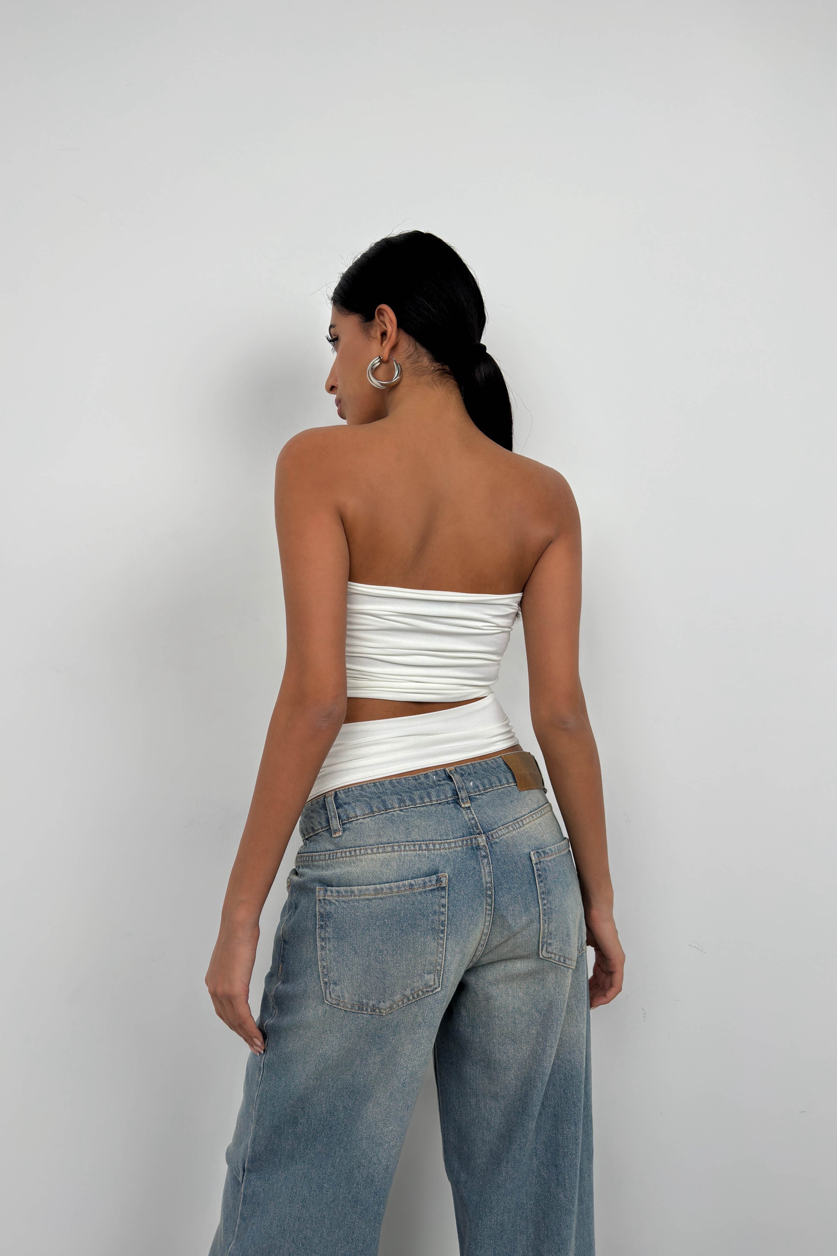 Asymmetric Strapless Ecru Crop Top