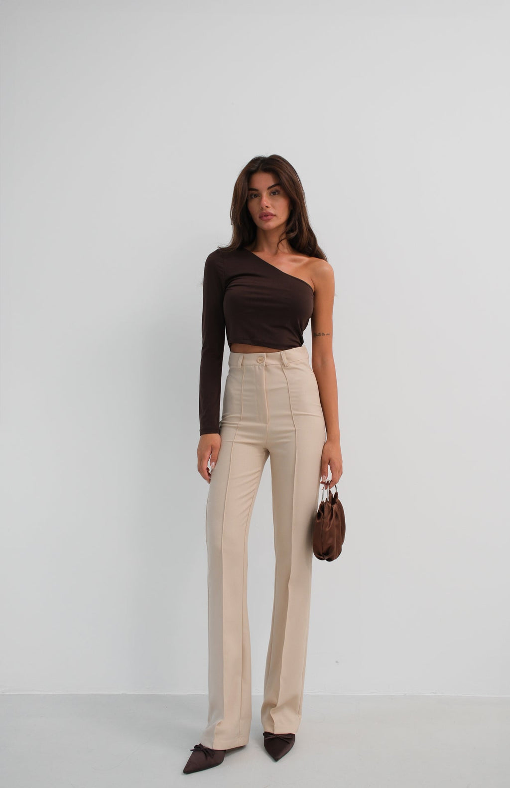 Asymmetric One Shoulder Brown Crop Top