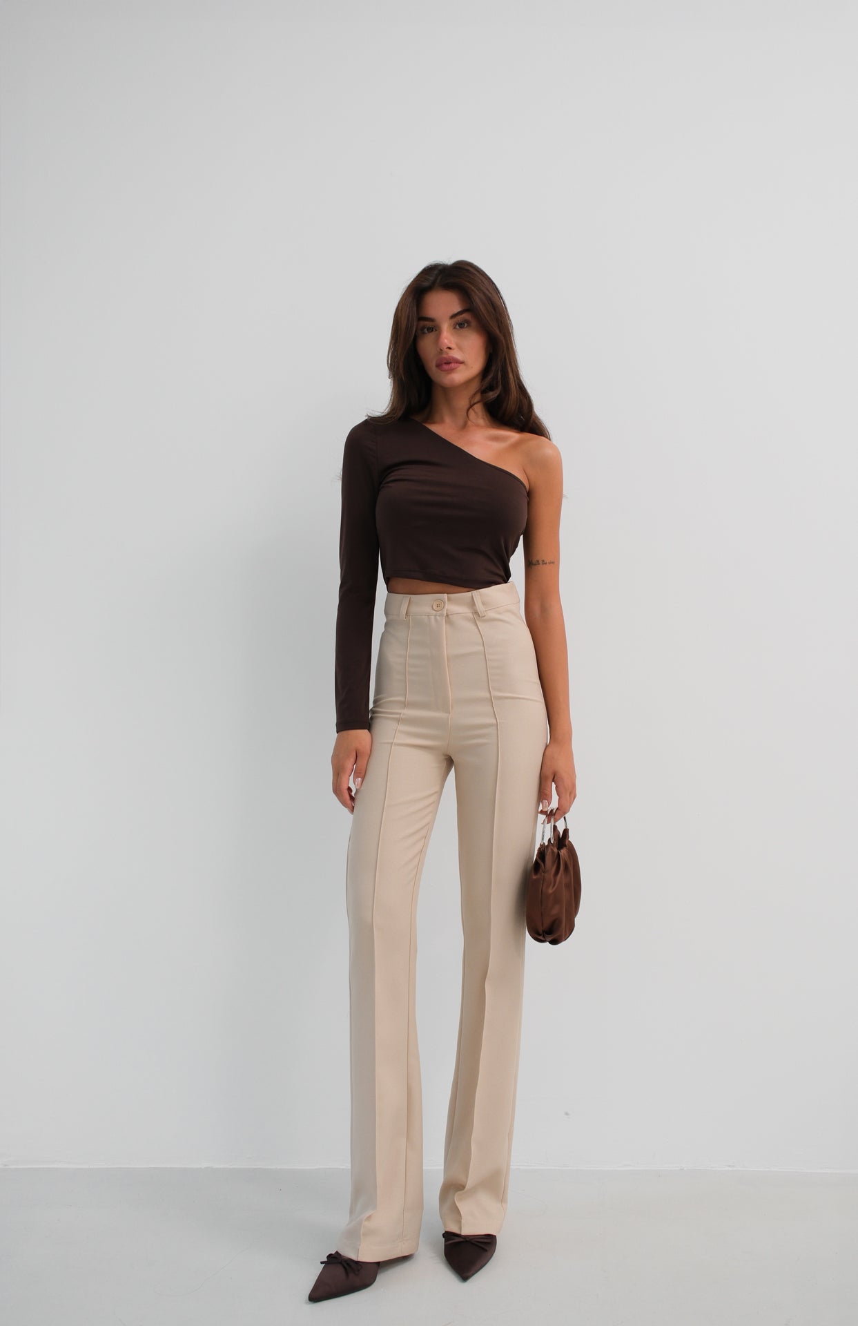 Asymmetric One Shoulder Brown Crop Top