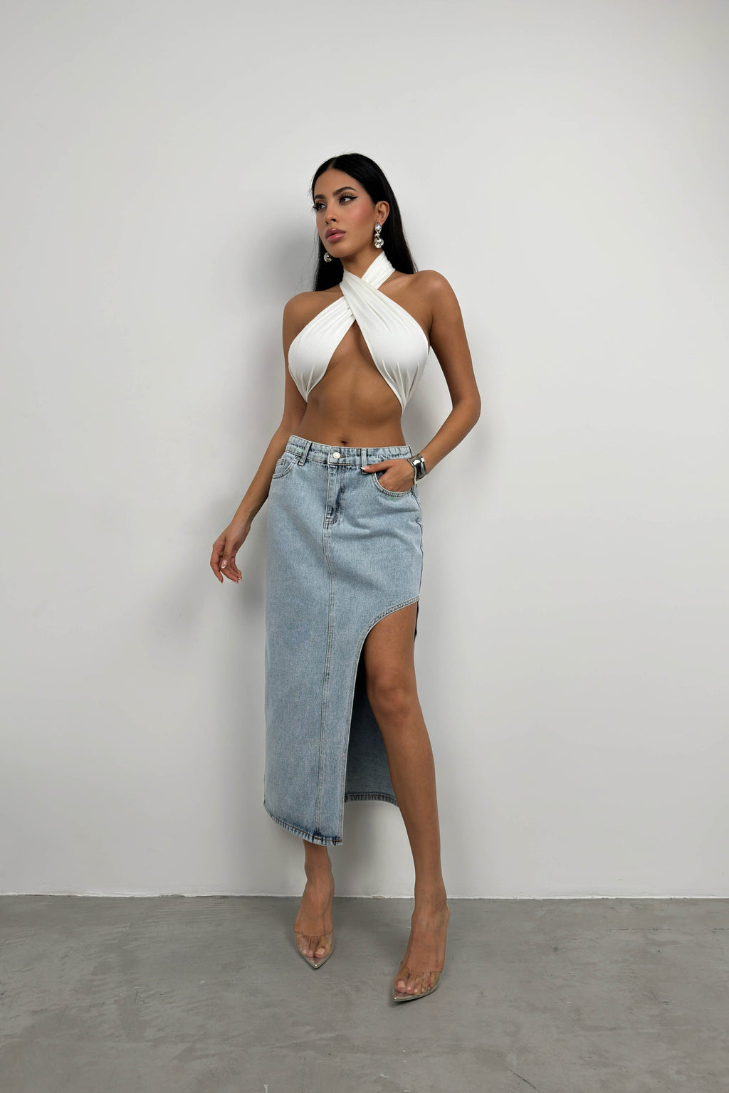 Asymmetric Slit Blue Denim Skirt
