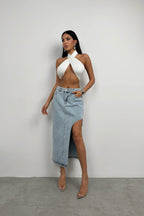 Asymmetric Slit Blue Denim Skirt
