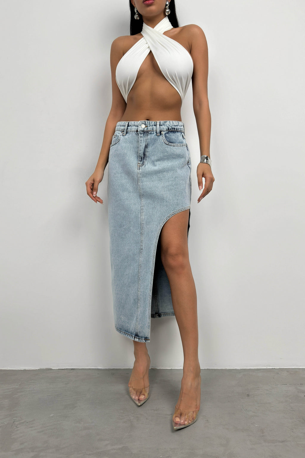 Asymmetric Slit Blue Denim Skirt