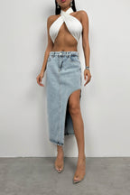 Asymmetric Slit Blue Denim Skirt