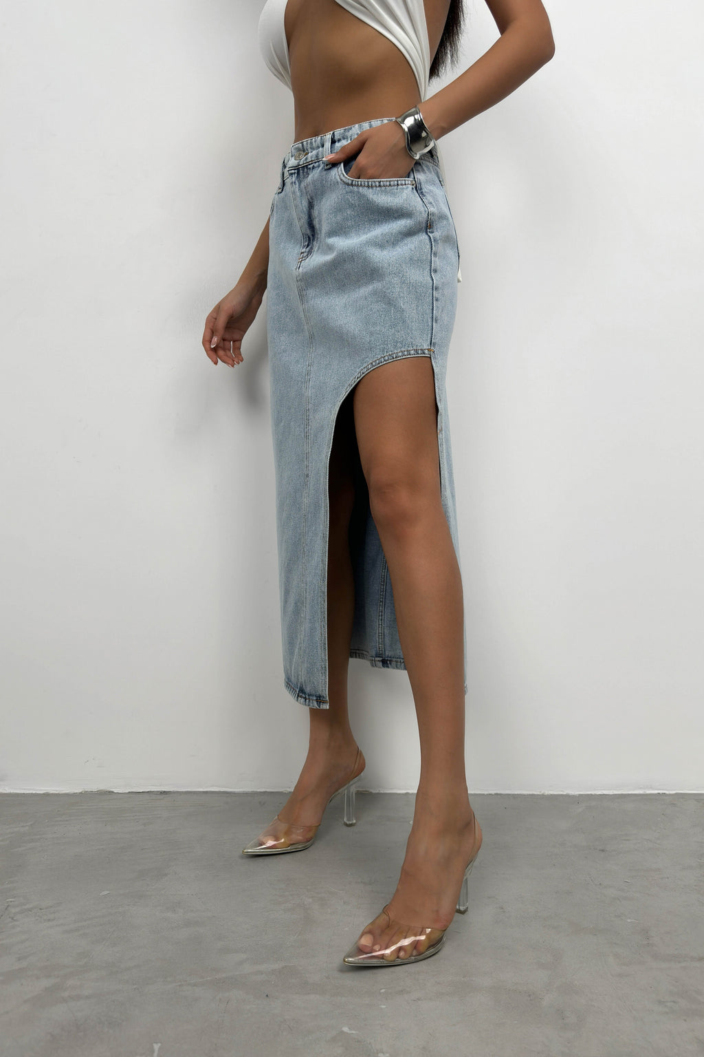 Asymmetric Slit Blue Denim Skirt