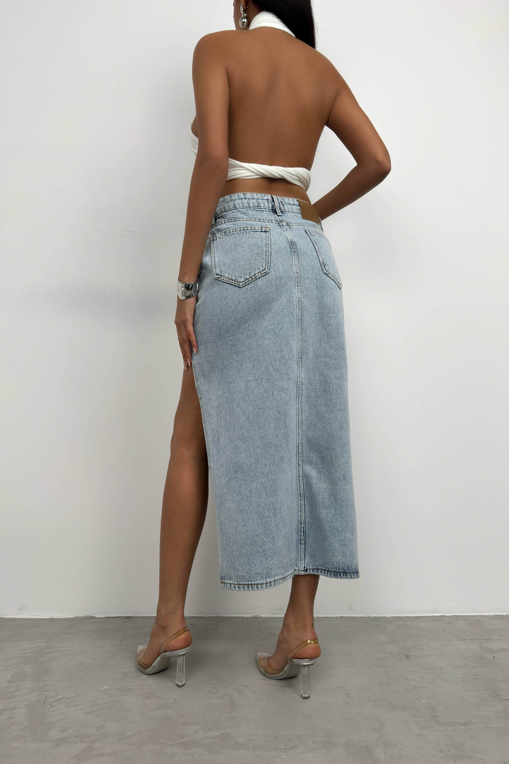 Asymmetric Slit Blue Denim Skirt