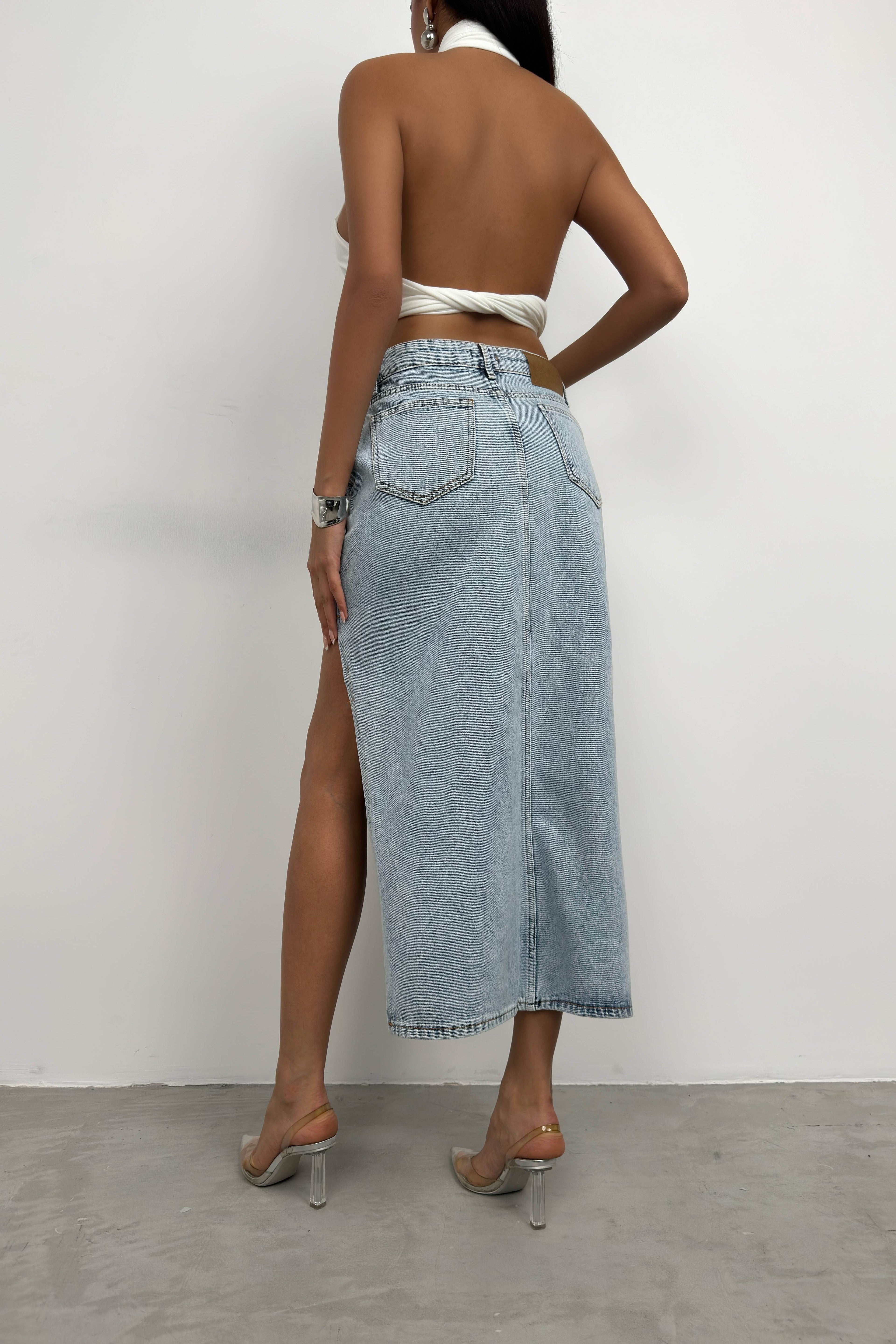 Asymmetric Slit Blue Denim Skirt