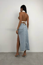 Asymmetric Slit Blue Denim Skirt