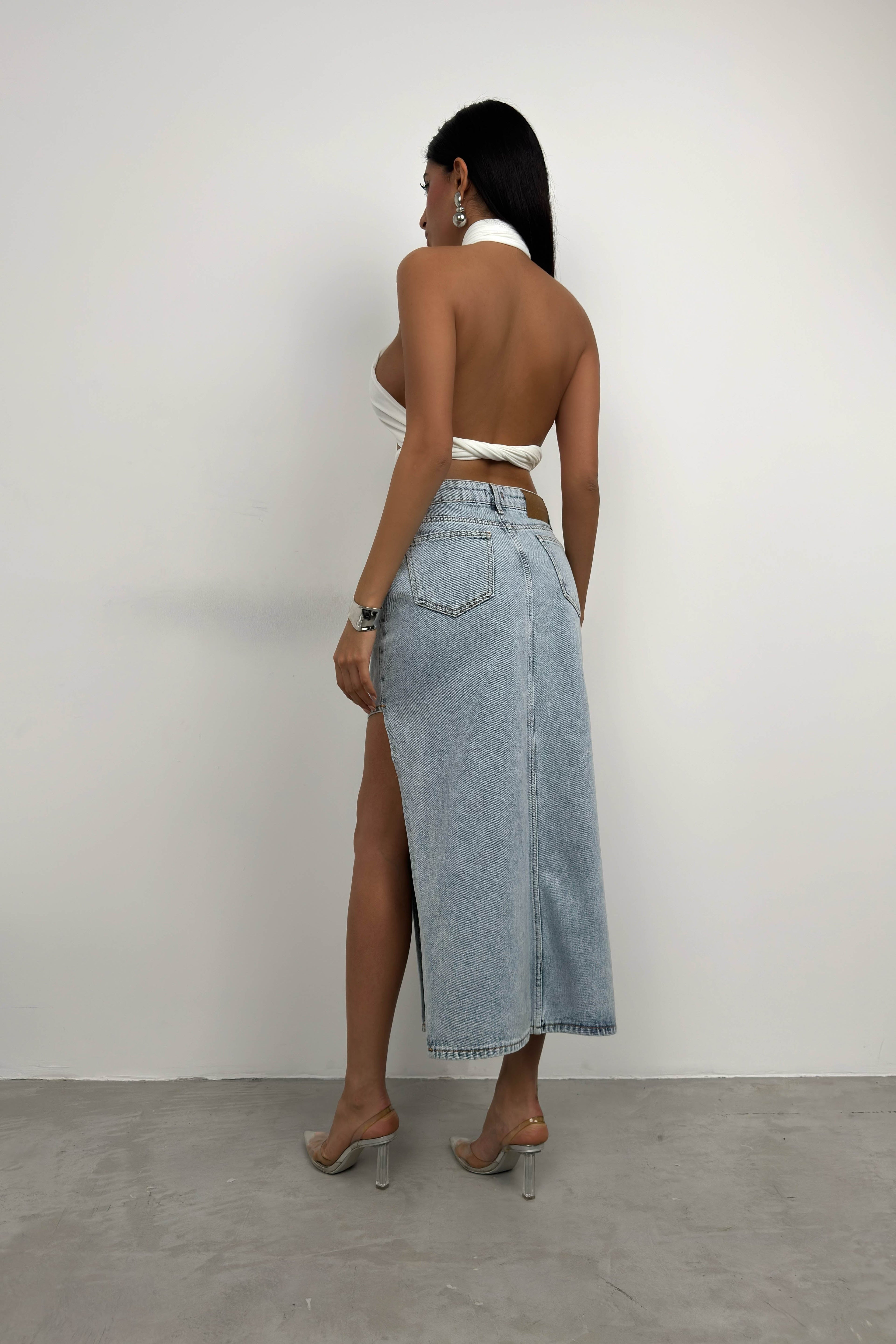 Asymmetric Slit Blue Denim Skirt