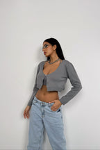 Strappy Blouse Cardigan Gray Knit Set
