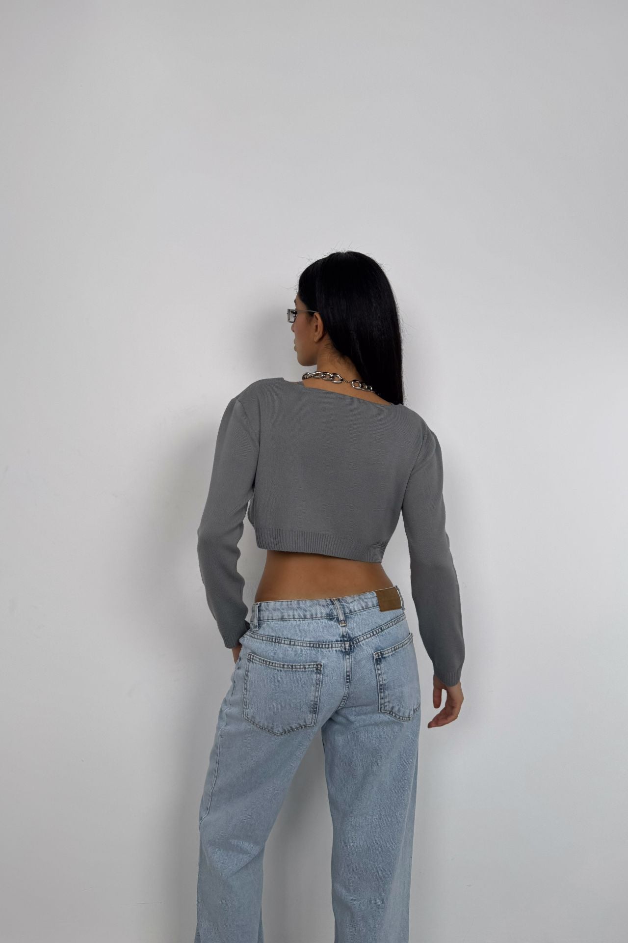 Strappy Blouse Cardigan Gray Knit Set