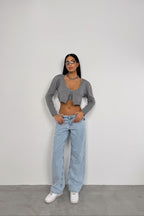 Strappy Blouse Cardigan Gray Knit Set