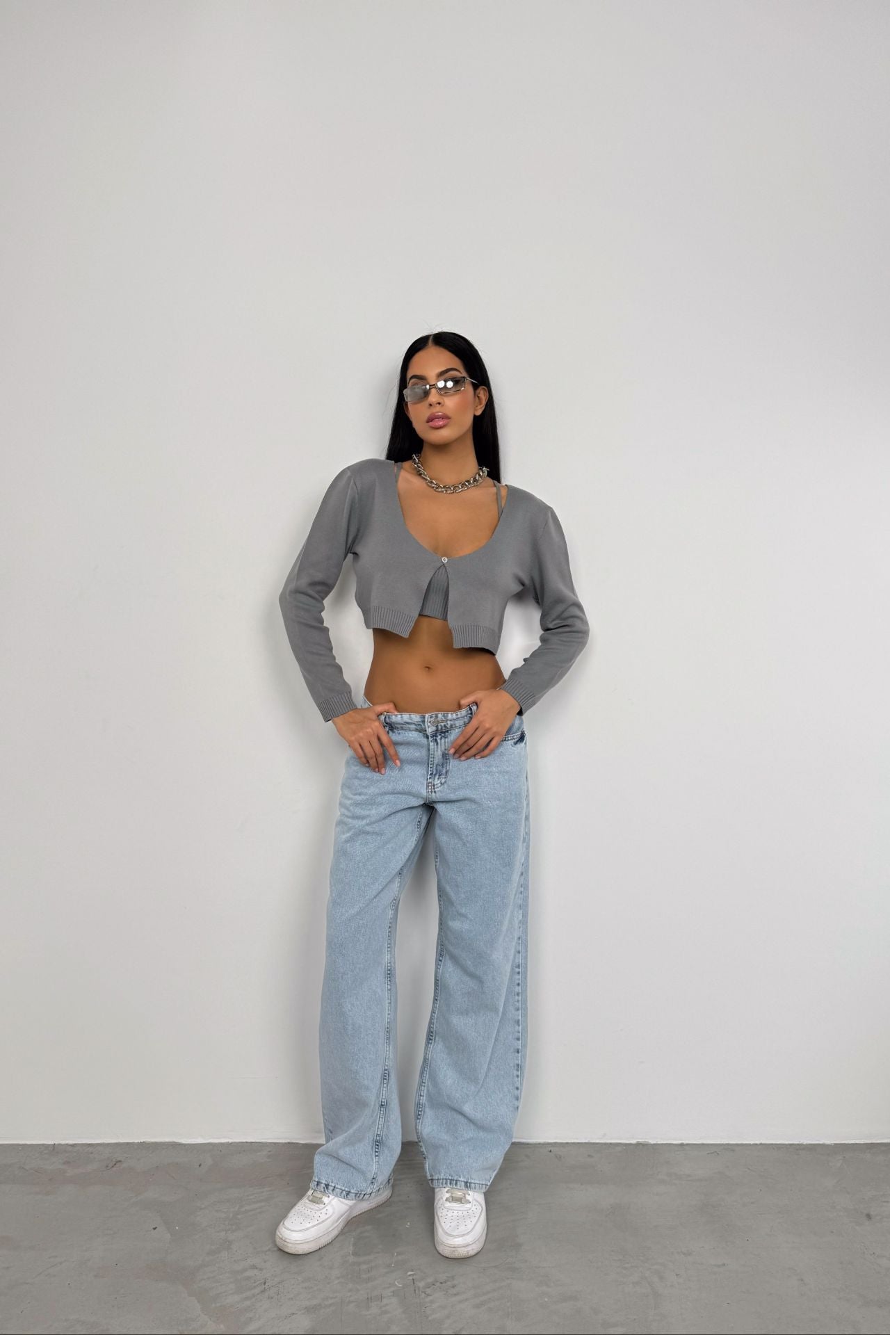 Strappy Blouse Cardigan Gray Knit Set