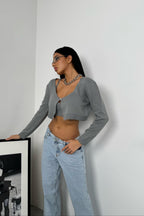 Strappy Blouse Cardigan Gray Knit Set