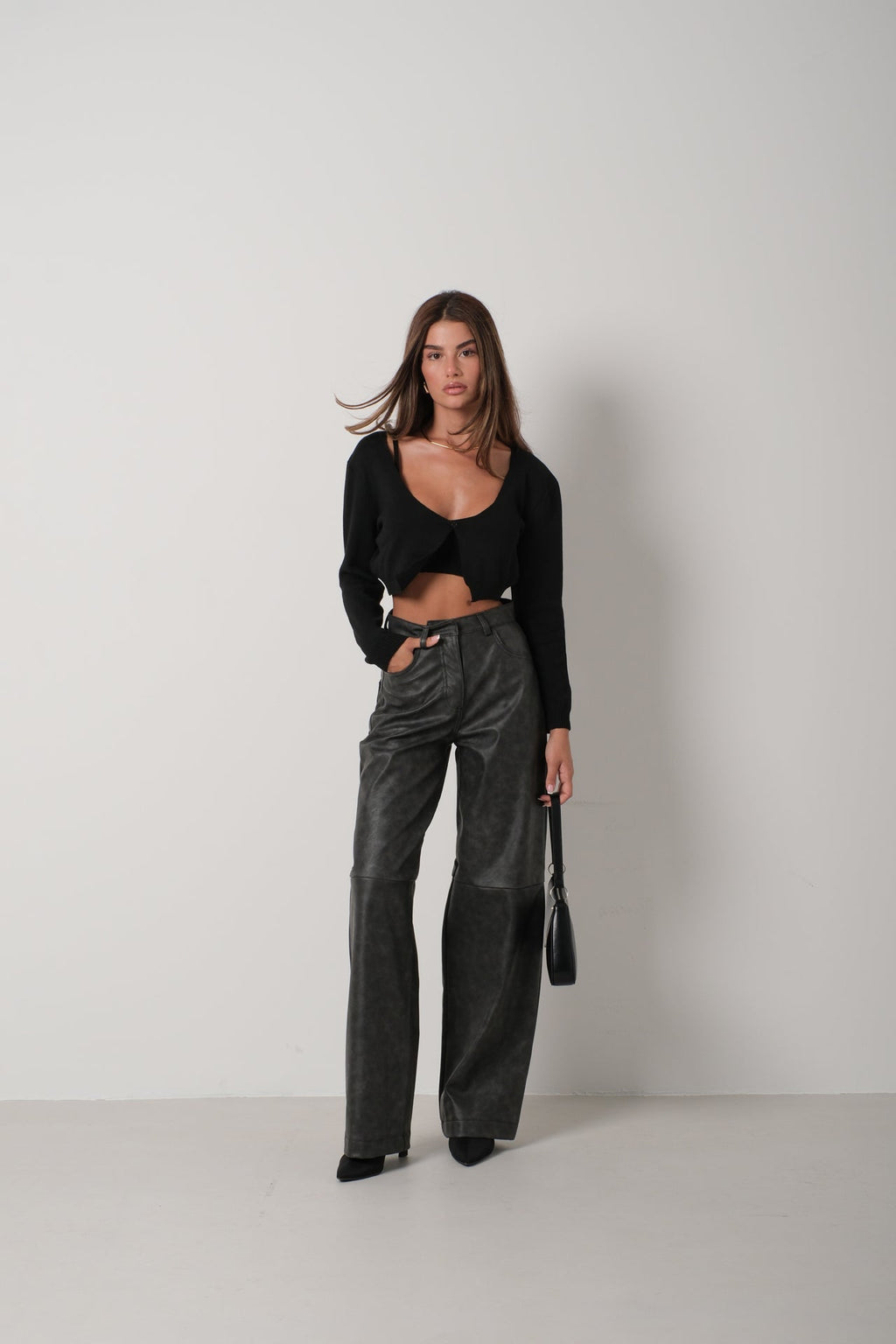 Strappy Blouse Cardigan Black Knit Set